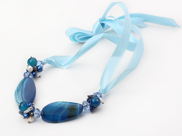 23.6 inches white pearl blue agate crystal necklace with ribbon