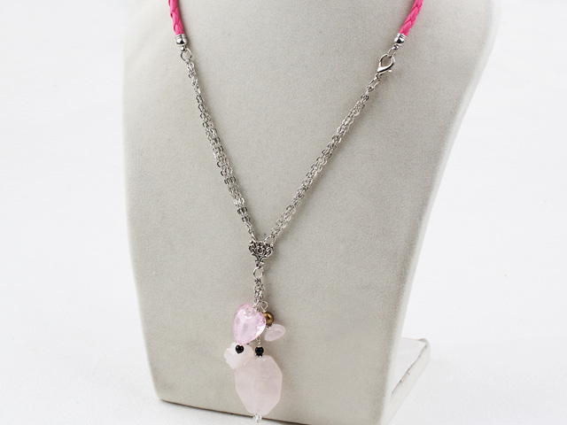 Simple Design Pearl and Rose Quartz and Colored Glaze Necklace with Metal Chain