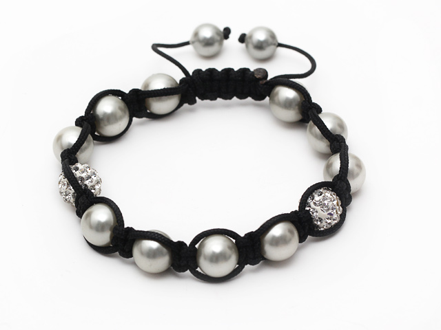 Light Gray Seashell Beads and Rhinestone Woven Drawstring Bracelet