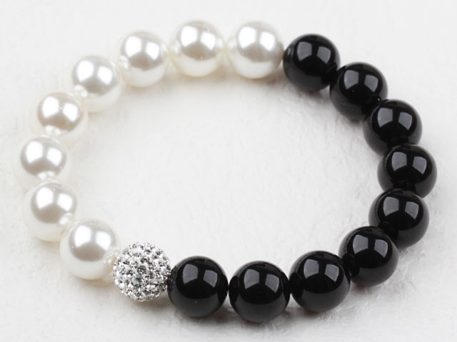 White and Black Color Seashell Beads and Rhinstone Ball Elastic Bangle Bracelet