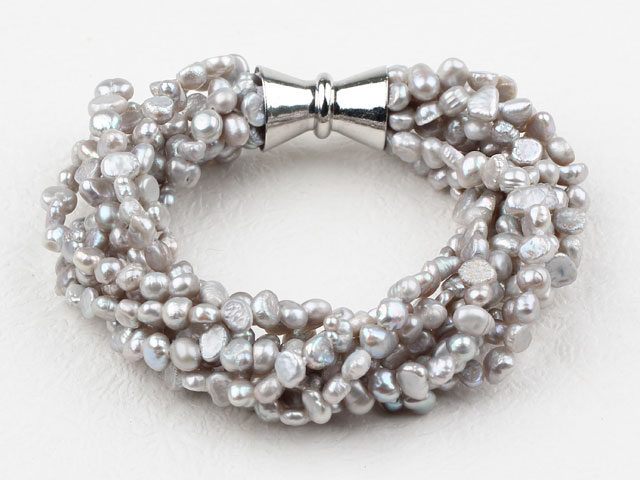 Multi Strands Gray Freshwater Pearl Bracelet with Big Magnetic Clasp