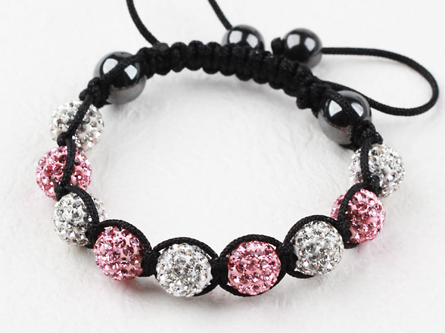 10mm White and Pink Rhinestone Ball Woven Drawstring Bracelet with Adjustable Thread