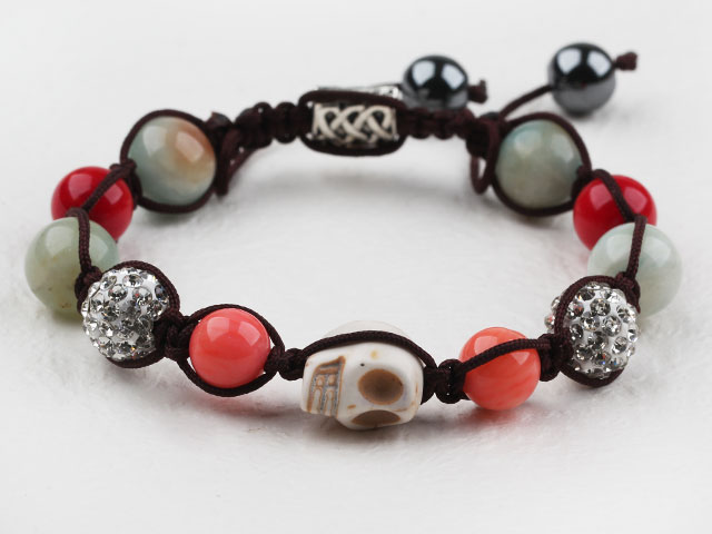 Fashion Style Howlite and Red Coral and Amazon Stone Woven Drawstring Bracelet with Rhinestone Ball