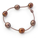 Classic Design 11-12mm Brown Freshwater Pearl Brown Leather Bracelet with Pearl Clasp