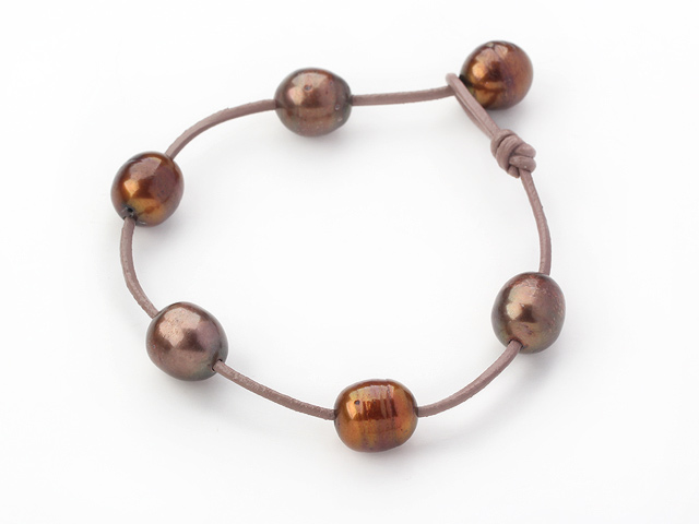 Classic Design 11-12mm Brown Freshwater Pearl Brown Leather Bracelet with Pearl Clasp