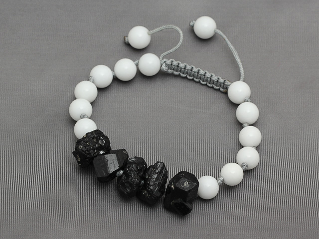 Black Tourmaline and White White Porcelain Stone Knotted Adjustable Drawstring Bracelet