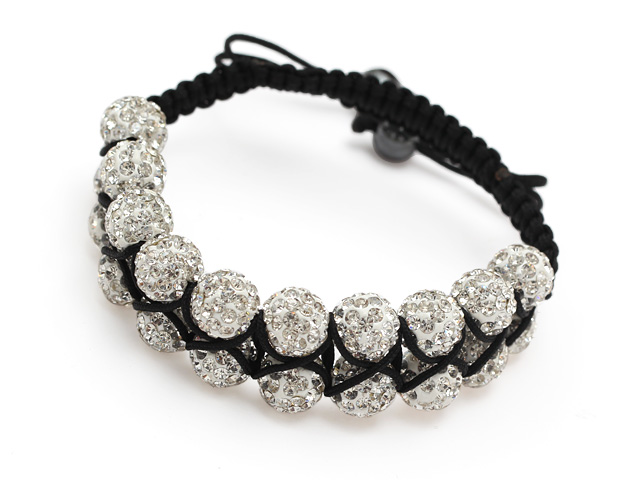 fashion layer 10mm white rhinestone woven adjustable black drawstring bracelet