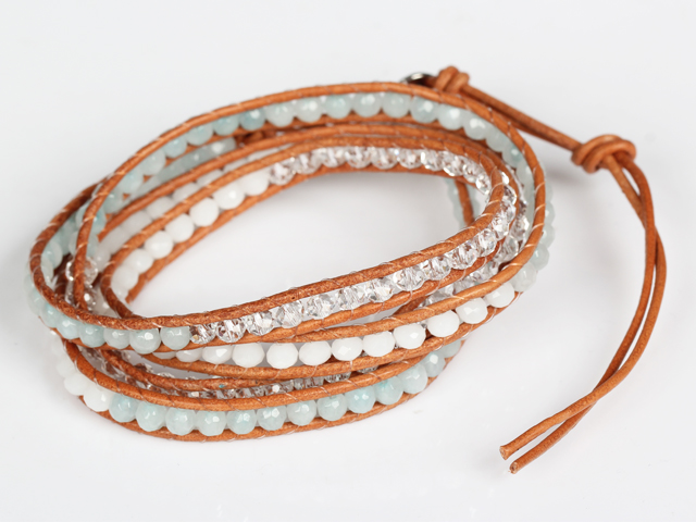 Blue Jade and White Jade and Clear Crystal Wrap Bangle Bracelet