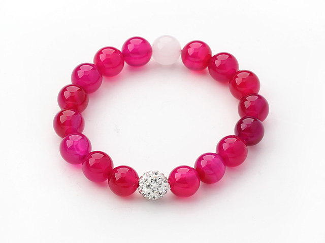 Hot Pink Series 10mm Pink Agate and Rhinestone Beaded Stretch Bracelet