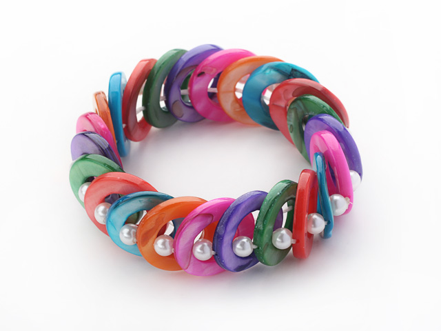 Assorted Multi Color Donut Shell and White Seashell Beads Stretch Bangle Bracelet