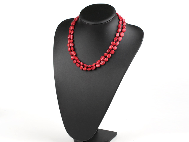 Fashion Double Strand Red Coral Necklace With Multi-Row Clasp