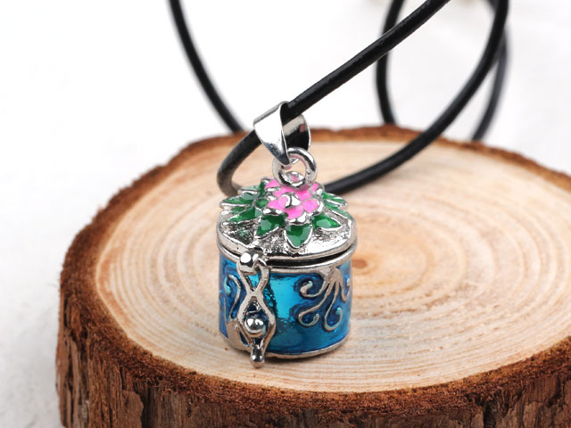 Fashion Style Blue Color Cylinder Shape Wish Box Metal Pendant Necklace with Leather Thread