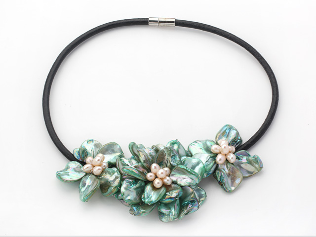 Light Green Shell Flower and Pink Freshwater Pearl Leather Necklace with Black Leather