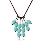 Fashion White Freshwater Pearl And Oval Blue Turquoise Pendant Necklace With Adjustable Brown Leather