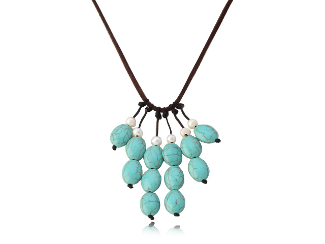 Fashion White Freshwater Pearl And Oval Blue Turquoise Pendant Necklace With Adjustable Brown Leather