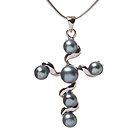 Marvelous Natural Black Freshwater Pearl And Metal Cross Pendant Chain Necklace