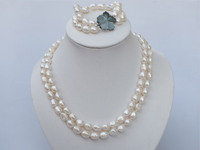 double strand white pearl necklace and bracelet set with shell clasp