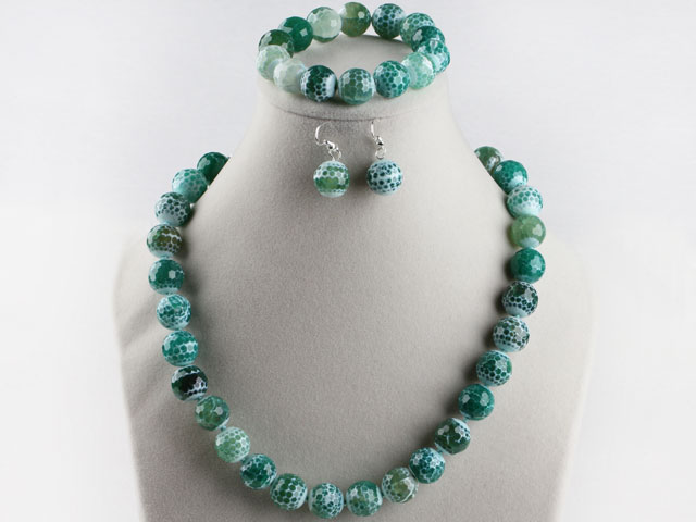 14mm burst pattern green agate ball necklace bracelet earrings set