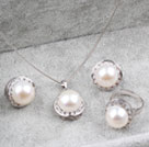 Natural White Freshwater Pearl Set (Pendant and Clip Earrings and Matched Ring)