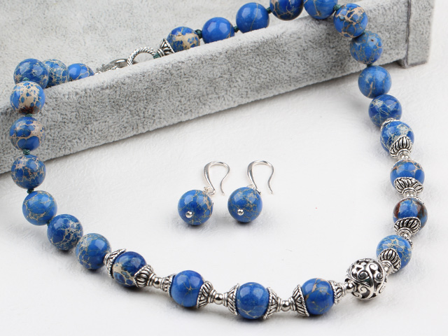 New Design 12mm Blue Imperial Jasper Set ( Necklace with Matched Earrings )