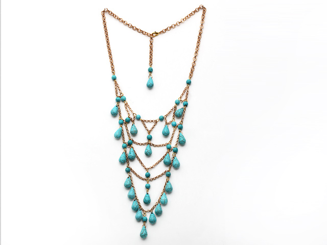 New Design Multi Layer Teardrop Turquoise Necklace with Golden Color Metal Chain