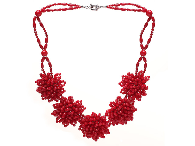 Fashion Link Connection Round And Iregular Red Coral Flower Beaded Party Necklace