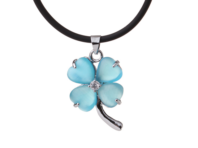 Fashion Inlaid Blue Heart Shape Cats Eye Four Leaf Clover Zincon Pendant Necklace With Black Leather