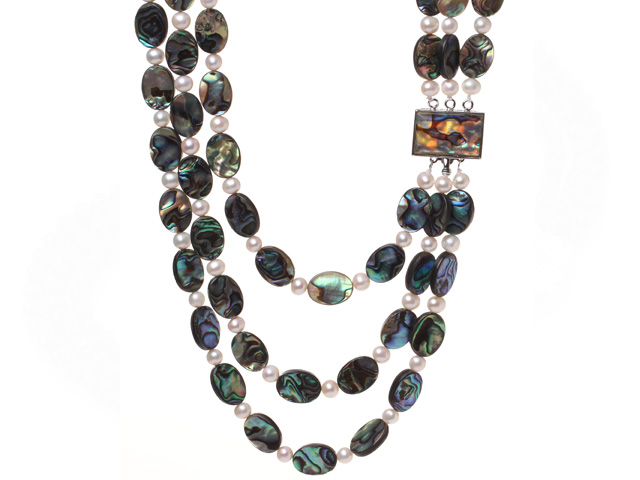 Fantastic Multi Strands Natural White Freshwater Pearl And Oval Abalone Shell Necklace