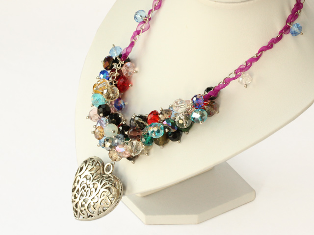 18.1 inches multi color crystal heart charm necklace with ribbon