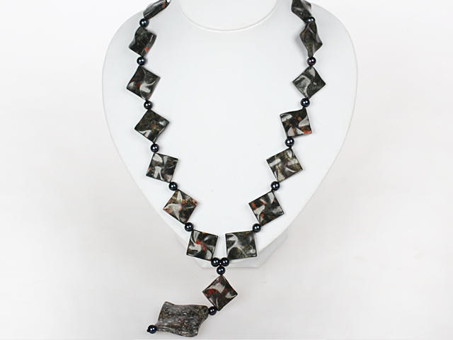 Black Pearl and Picture Jasper Necklace with Moonlight Clasp