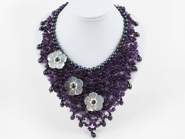 Big and Elegant Style Black Pearl and Amethyst and White Shell Flower Party Bib Necllace