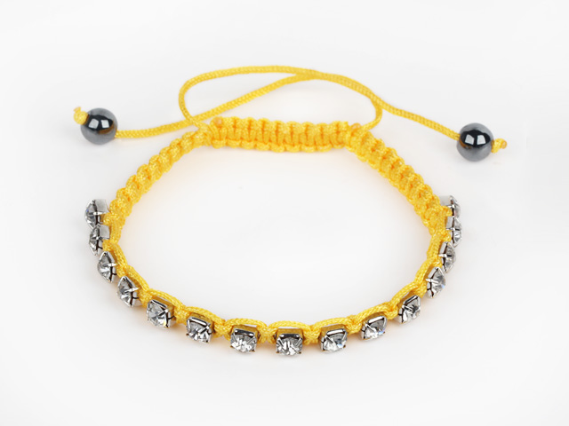 5 Pieces Yellow Thread and White Square Shape Rhinestone and Hematite Woven Adjustable Drawstring Bracelets