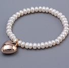 Nice 5-6mm Natural White Freshwater Pearl Beaded Bracelet With Golden Heart Charm