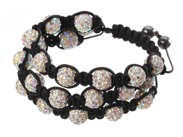 Popular Multilayer Colorful Round Polymer Clay Rhinestone And Braided Black Drawstring Bracelet