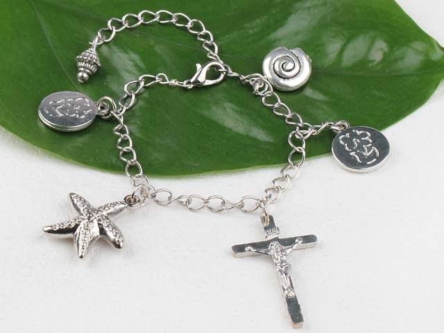 Fashion Multi Coin Starfish And Cross Charm Loop Chain Bracelet