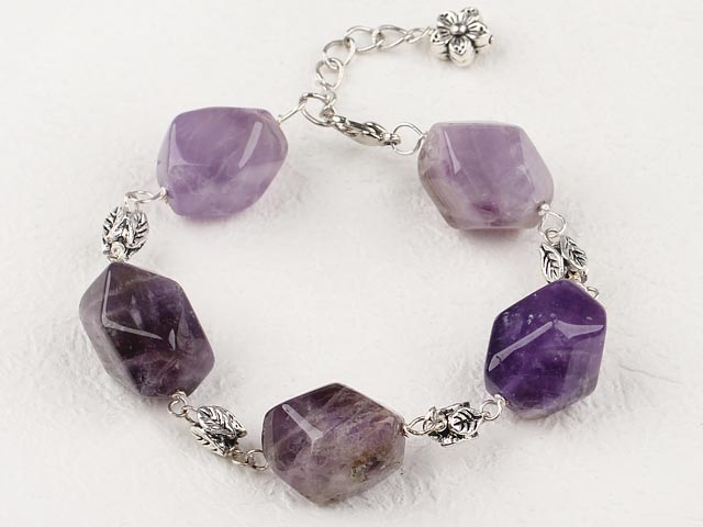 Elegant Natural Amethyst Leaf&Flower Metal Charm Bracelet With Extendable Chain 