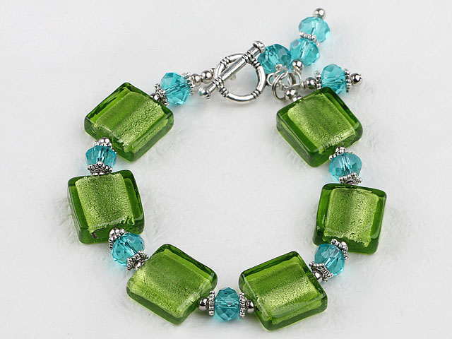 apple green colored glaze and  crystal bracelet with toggle clasp