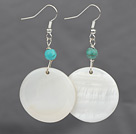 Lovely Round Blue Turquoise And White Disc Shell Dangle Earrings With Fish Hook