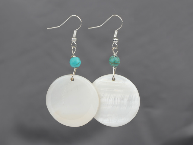 Lovely Round Blue Turquoise And White Disc Shell Dangle Earrings With Fish Hook