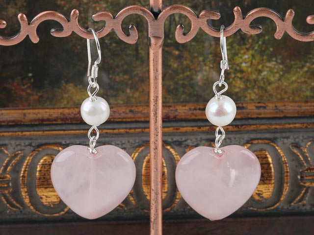 white pearl and heart rose quartze earrings