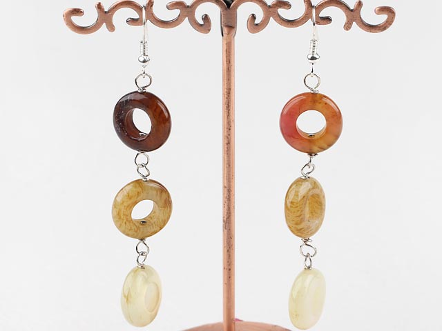 Beautiful Three Color Jade Donut Shape Dangle Earrings With Fish Hook