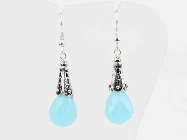 Simple Style Faceted Drop Shape Lake Blue Color Crystal Earrings