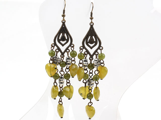 Vintage Style Heart Shape Faceted Olive Jade Earrings