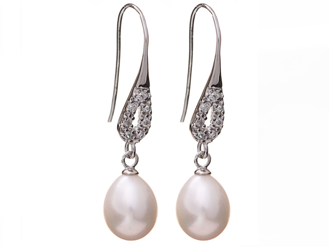 Fashion 8-9mm Natural White Freshwater Pearl Earrings With 925 Sterling Silver Rhinestone Hook