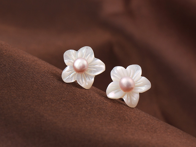 Cute Bauhinia Shape Shell and Pink Pearl 925 Sterling Silver Studs Earrings