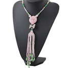 Fashion Style Rose Quartz and Aventurine Tassel Necklace with Bow-knot Accessories and Rose Quartz Donut