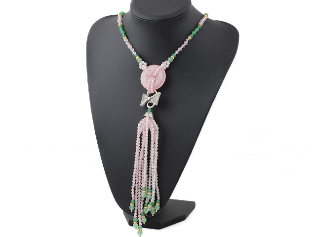 Fashion Style Rose Quartz and Aventurine Tassel Necklace with Bow-knot Accessories and Rose Quartz Donut