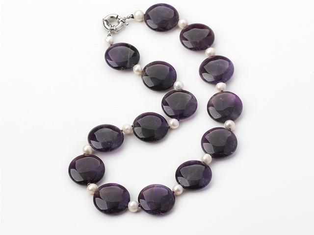 white pearl and natural amethyst necklace with moonlight clasp