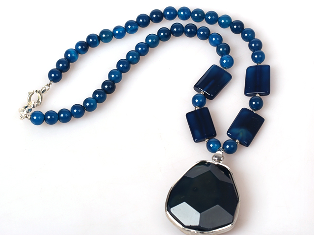 Blue Agate Necklace with Crystallized Agate Pendant