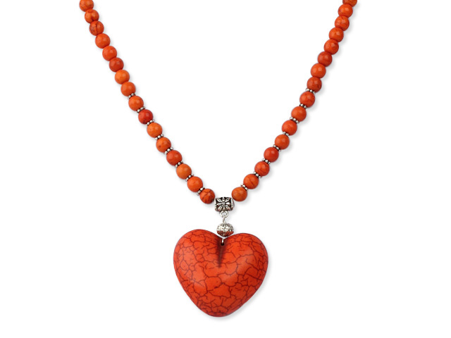 Classic Design Round Dyed Orange Red Turquoise Necklace with Heart Shape Pendant